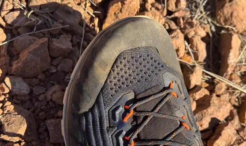 the toe of the Alnasca Knit III Low GTX Shoes By Mammut