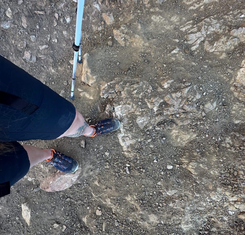 Alnasca Knit III Low GTX Shoes By Mammut being worn on loose, steep terrain