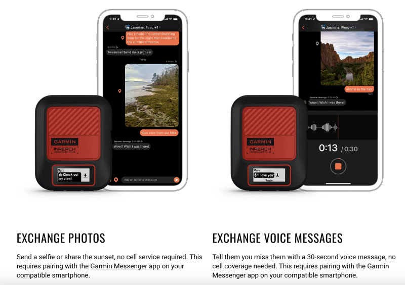 Garmin inReach Messenger Plus next to a smartphone displaying a photo messaging interface, showing satellite photo and voice sharing feature.