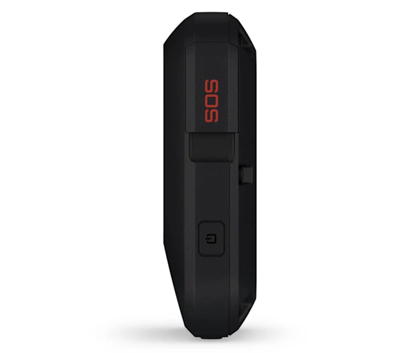 Close-up side profile of the Garmin inReach Messenger Plus showing the red SOS emergency button and rugged design.