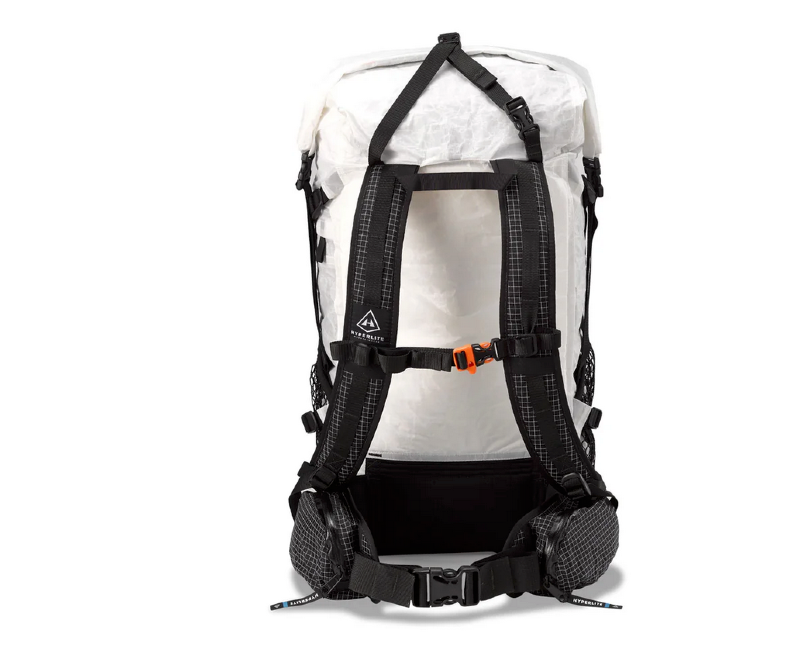 Rear view of the Hyperlite Mountain Gear Windrider 40 ultralight backpack, showing harness system, hip belt, and back panel.