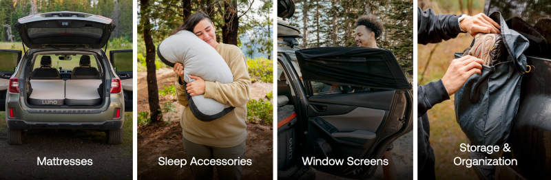 Luno’s full lineup of car camping gear including inflatable mattresses, sleep accessories, bug-proof window screens, and smart storage solutions.