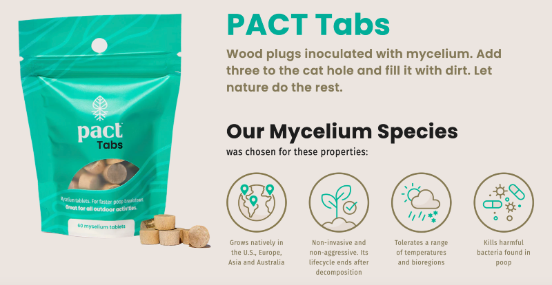 PACT Tabs packaging with mycelium tablets for responsible human waste disposal outdoors.