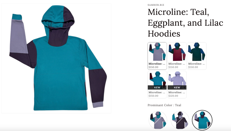 Product image of the SAMBOB Microgrid Hoodie in teal, eggplant, and lilac shown on the company’s website next to other color options.