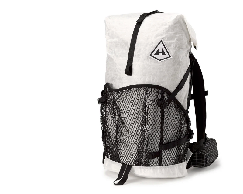 Front view of the Hyperlite Mountain Gear Windrider 40 backpack, featuring roll-top closure and large black mesh front pocket.