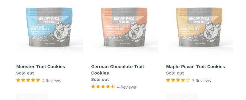 Product display of Angry Pika Food Co. trail cookies including Monster, German Chocolate, and Maple Pecan flavors, all marked as sold out.