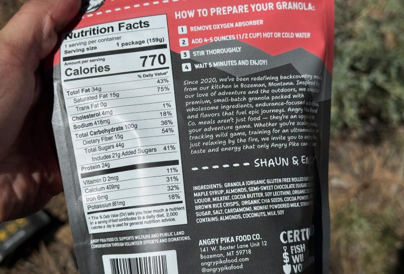  Close-up of Angry Pika granola nutrition facts and preparation instructions on the back of the package.