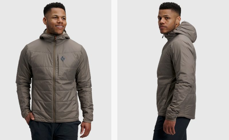 Man wearing the Black Diamond Solution 1.0 synthetic insulated men’s jacket in taupe color, shown from front and side views.