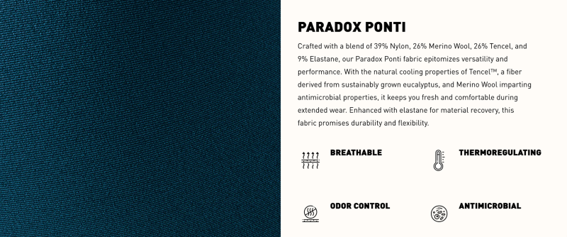 Detail image and text description of Ibex Paradox Ponti fabric, highlighting Merino wool blend benefits.
