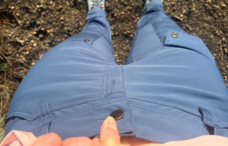 A downward view of the Fjallraven Keb Trousers, highlighting the reinforced panels and durable fabric designed for rugged hiking.