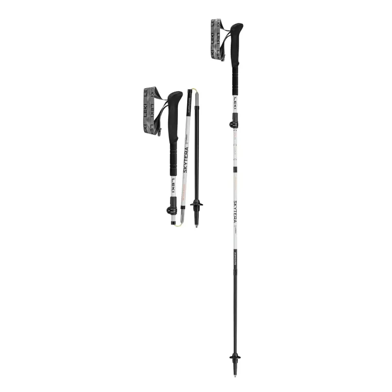 Product image of LEKI Skytera FX Carbon SL trekking poles shown in both collapsed and fully extended positions on a white background.
