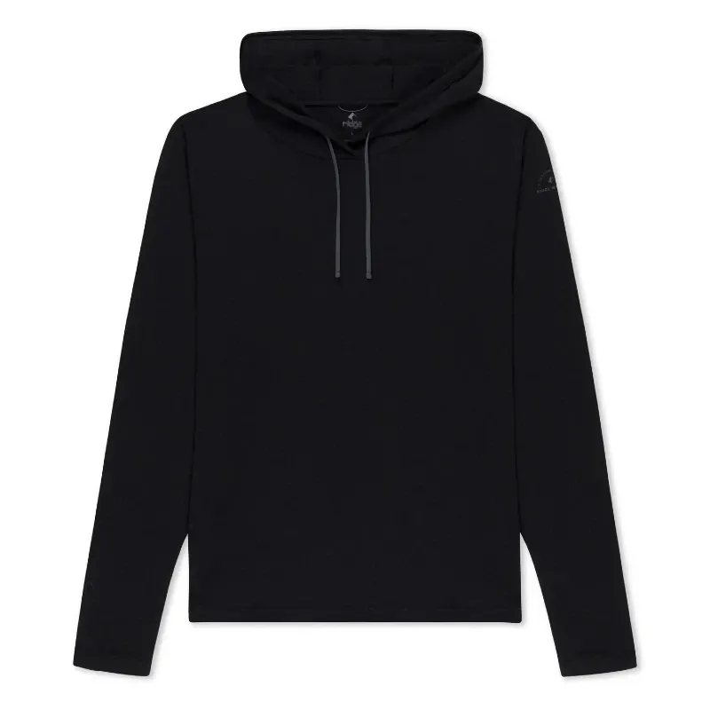 Flat lay image of the Ridge Merino Solstice Lightweight Wool Hoodie in black, showing hood, drawstrings, and long sleeves.
