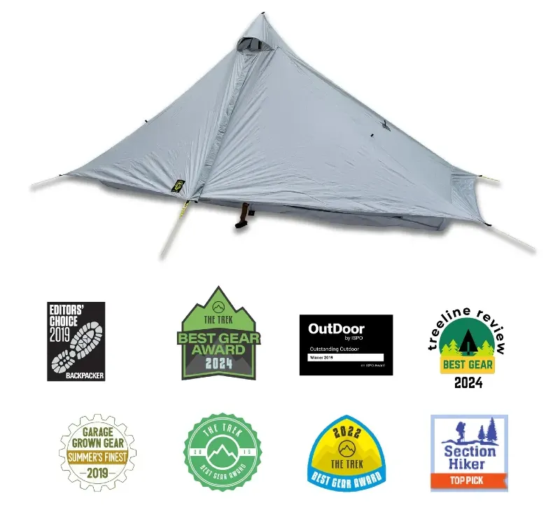 Lightweight backpacking tent from Six Moon Designs set up in a mountain landscape during the warehouse sale
