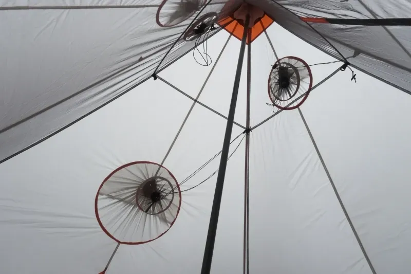 Detailed close-up of SlingFin tent's interior seam, stitching, and tie-out for demonstrating construction quality.