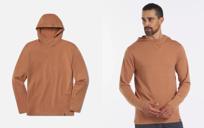 Side-by-side images showing the PAKA SOL Hoodie in copper color—flat lay on the left, and modeled by a man on the right wearing it casually with sleeves down.