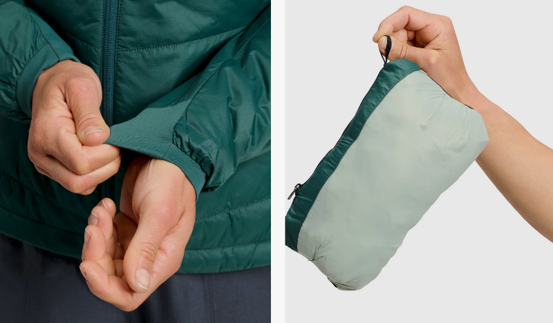 Close-up of the Black Diamond Solution 1.0 jacket showing the stretch wrist cuff and the jacket packed into its own pocket for compact storage.
