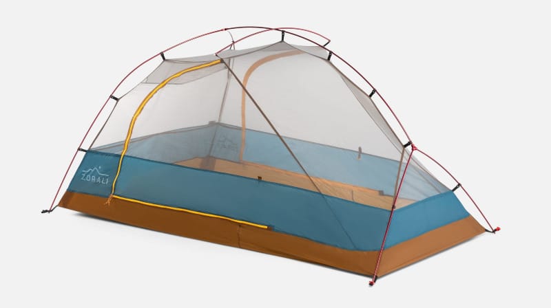 Freestanding Zorali Summit-Seeker 2P Ultralight Tent shown without rainfly to highlight mesh body and dual doors