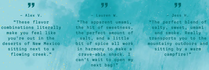  Graphic with three customer reviews for Wanderlands pecan mixes, praising their unique flavor combinations, umami, and outdoors-inspired taste experience.