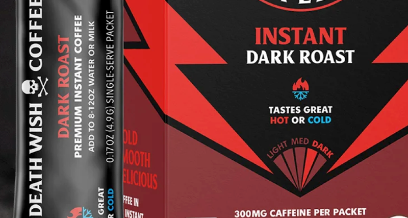 Death Wish Instant Dark Roast Coffee packaging showing high-caffeine single-serve packet with 300mg per serving.