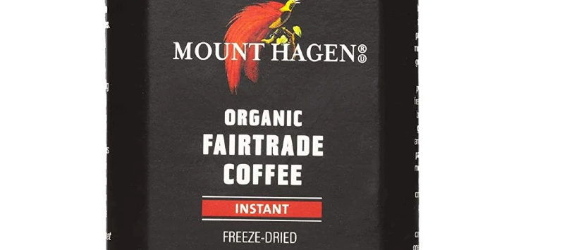 Mount Hagen Organic Fairtrade Instant Coffee box with freeze-dried single-serve sticks for easy trail use.