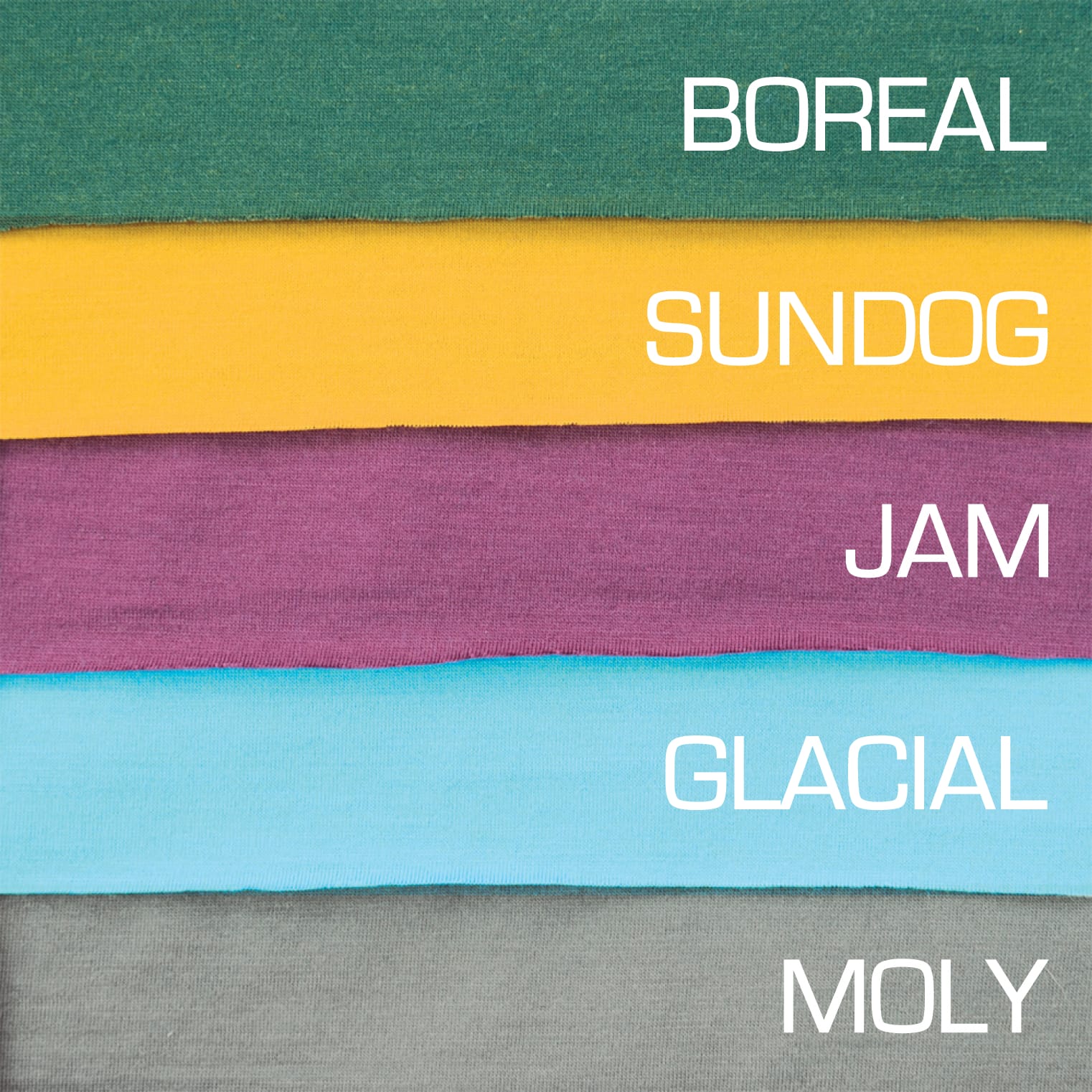 Stacked fabric swatches showing color options for the Melanzana Merino Base Hoodie labeled Boreal, Sundog, Jam, Glacial, and Moly.
