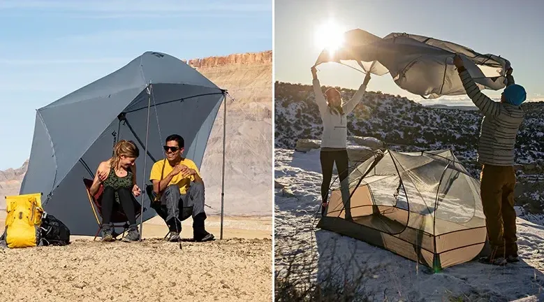 Left: two hikers relaxing under a Sea to Summit shelter in the desert. Right: two campers setting up a lightweight tent in a snowy high-desert landscape at sunrise.