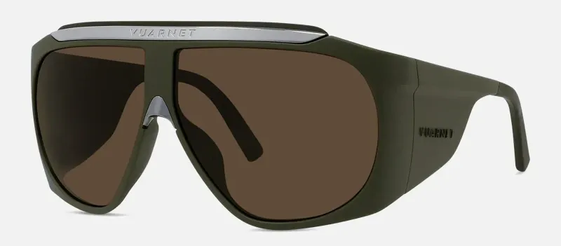 Close-up product photo of Vuarnet Altitude 01 sunglasses with glacier lenses and a matte green frame.