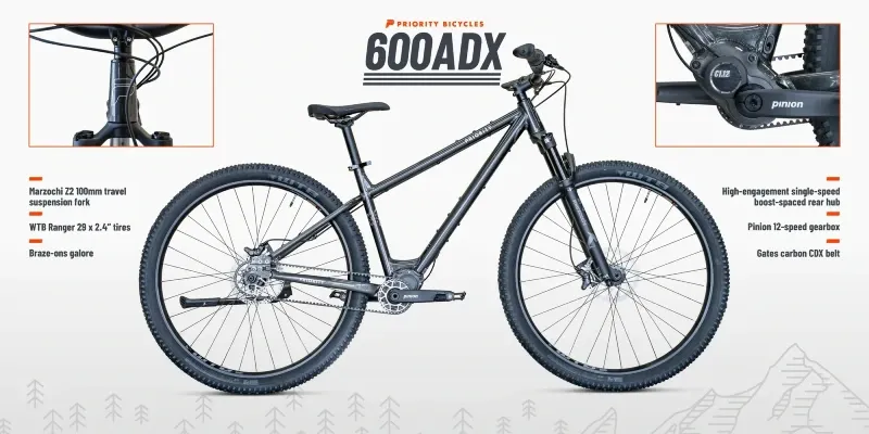Product image of the Priority 600ADX bike with callouts for key components including a Marzocchi Z2 100mm fork, WTB Ranger tires, Gates carbon belt, and Pinion 12-speed gearbox.