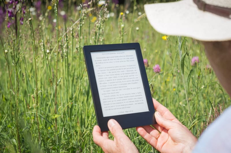 Person reading a Kindle e-reader in a wildflower-filled meadow under bright daylight.
