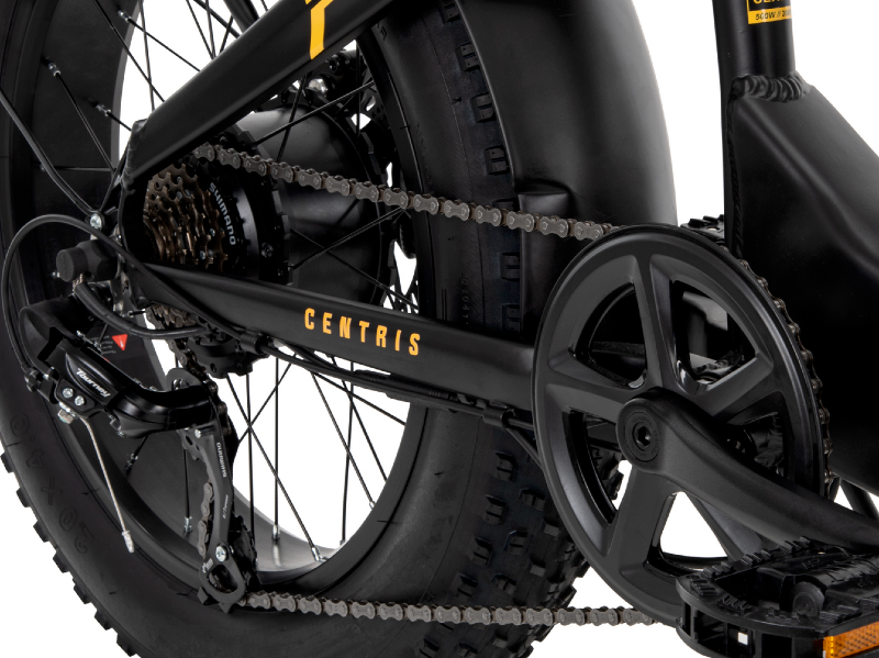  Close-up of Buzz Centris eBike drivetrain and Shimano gear system, highlighting rear hub motor and fat tire.