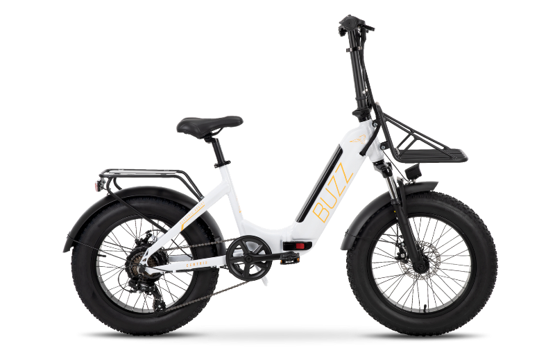  Buzz Centris Folding eBike fully assembled in white with fat tires, front basket rack, and rear cargo rack.