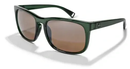 Close-up of FKT Gear Beaten Path Sunglasses in forest green with polarized brown lenses, built for outdoor hiking and backpacking.