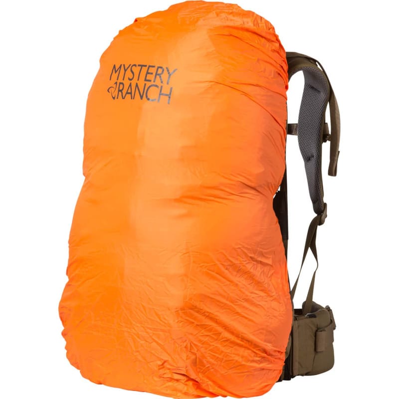 Blaze orange Mystery Ranch pack cover on hiking backpack for improved safety during hunting season.
