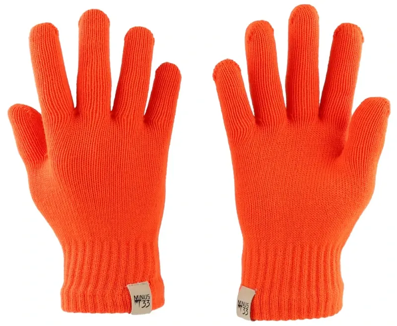 Pair of blaze orange knit gloves designed for hiking safety and warmth during hunting season.