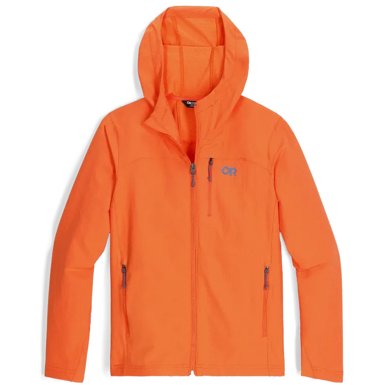 Outdoor Research blaze orange hiking jacket with hood, built for visibility and safety on the trail during hunting season.