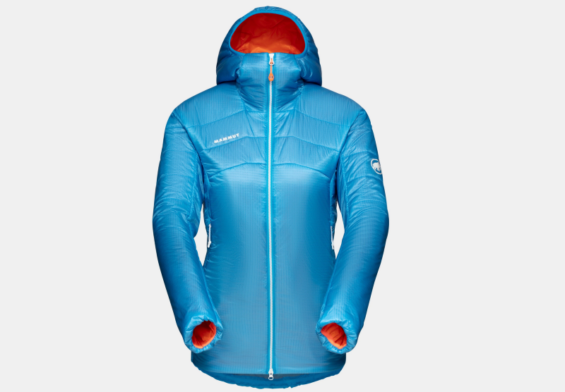 Product photo of the Mammut Eigerjoch Light IN Hooded Jacket in blue with orange lining, designed for lightweight warmth and alpine performance.