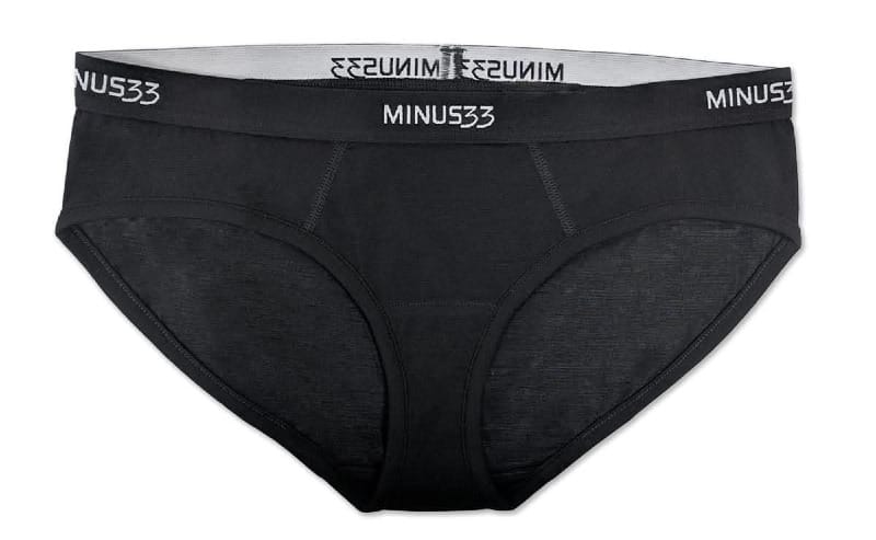 Black Minus33 merino wool women’s briefs with logo waistband, designed for hiking, camping, and cold-weather layering.