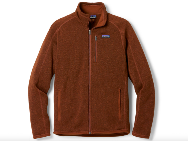 Patagonia men’s fleece jacket in rust brown with full zip and chest pocket.
