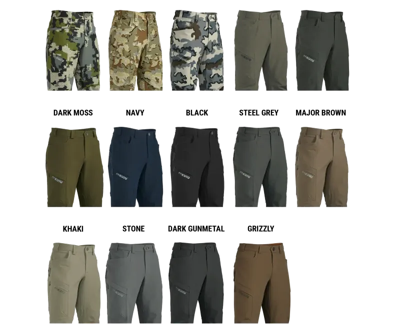 Product lineup showing KUIU Attack Pants in various colors and camo patterns, highlighting available options for hunters and hikers.