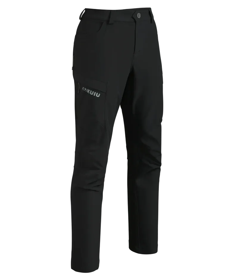 Product image of black KUIU Attack Pants with zippered pockets, articulated fit, and technical construction.