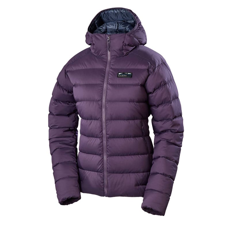 Purple down puffer jacket with hood, designed for cold-weather hiking, autumn backpacking, and winter layering.