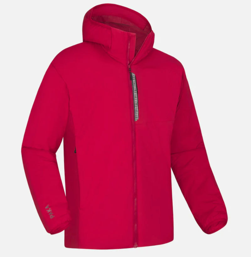 Red insulated PAKA hiking jacket with hood and chest pocket, designed for warmth on cold-weather camping and backpacking trips.