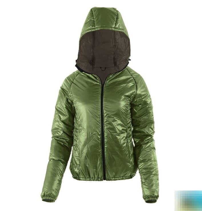 Green ultralight insulated hooded jacket with Best Gear Award 2025 badge, ideal for cold-weather hiking and backpacking.