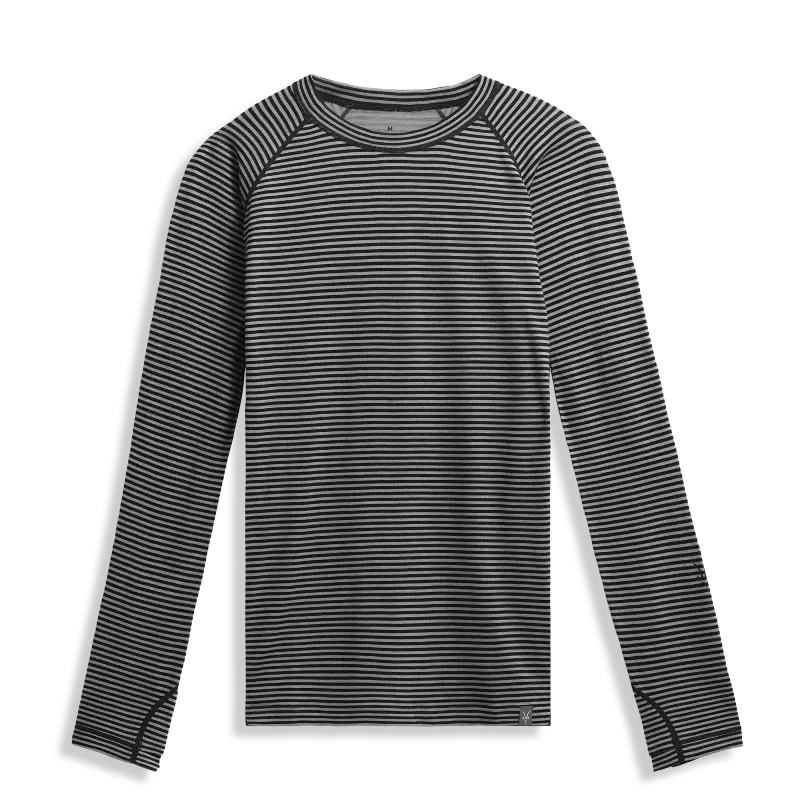 Black and white striped long-sleeve merino wool base layer shirt for autumn hiking and cold-weather camping.