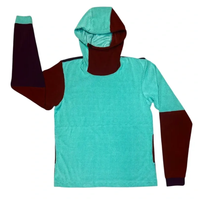 Teal and maroon color-block grid fleece hoodie designed for breathable warmth on autumn backpacking and camping trips.