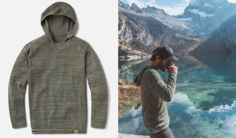 Green PAKA alpaca wool hoodie shown flat lay and worn outdoors beside a mountain lake.