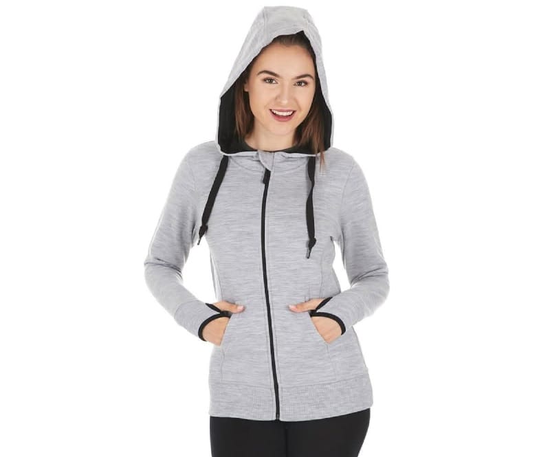 Light gray Minus 33 Kodiak Brushed Wool Hoodie with full zip, hood, and front pockets.