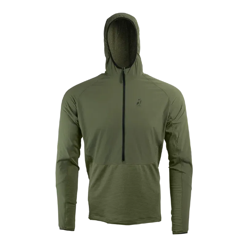 Olive green long-sleeve pullover hoodie with half-zip and hood, built for layering in cold-weather hiking and fall adventures.