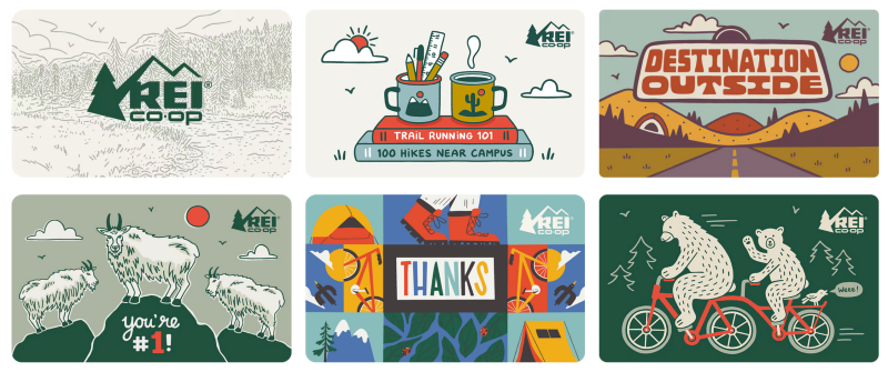 REI Co-op illustrated gift cards featuring outdoor and holiday-themed designs.