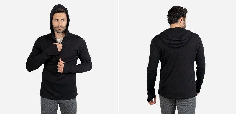 Black Arms of Andes alpaca wool half zip hoodie modeled from front and back views.